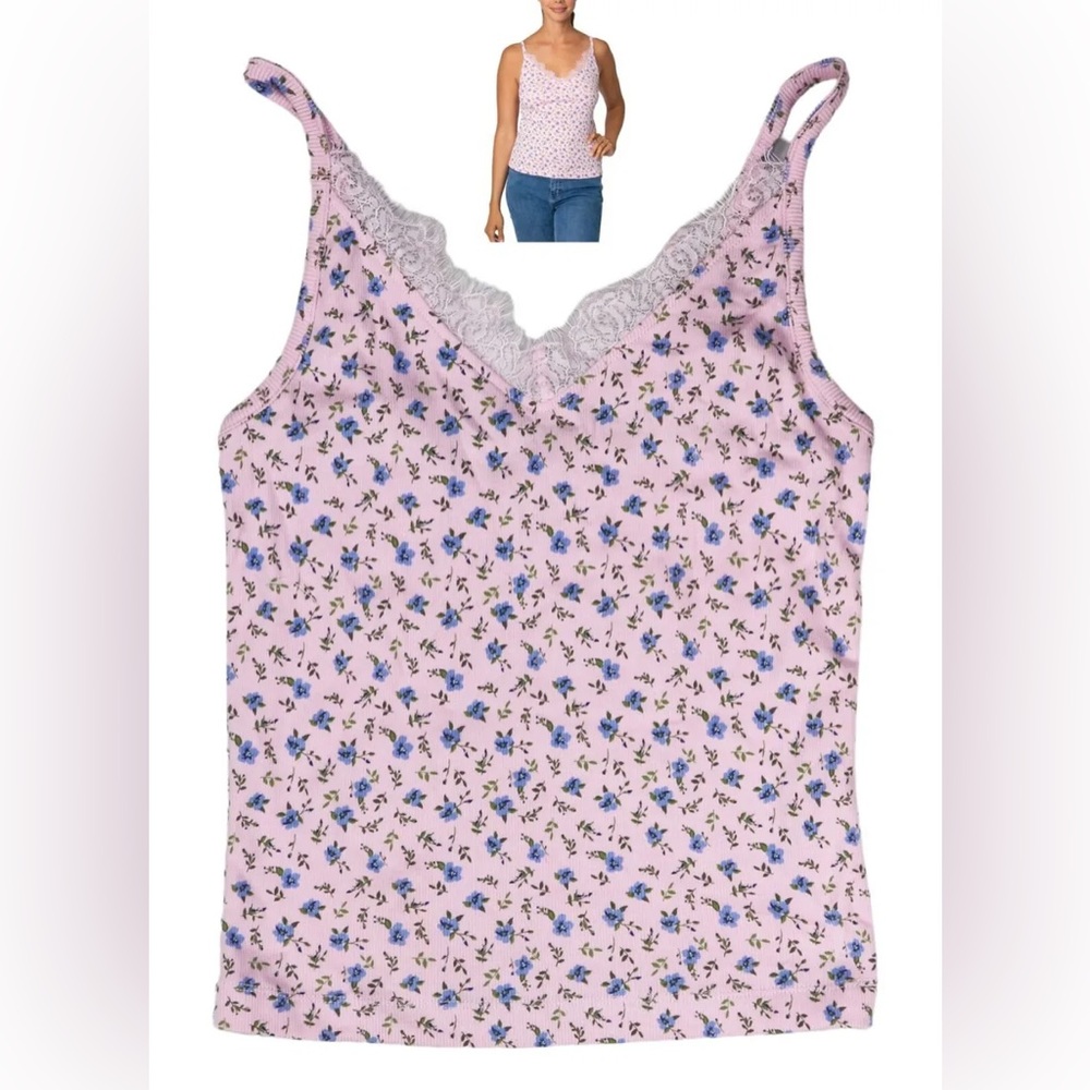 🎁🎀🌟Rebellious One Floral Print Lace Trim V-Neck Juniors Tank Top XL Pink